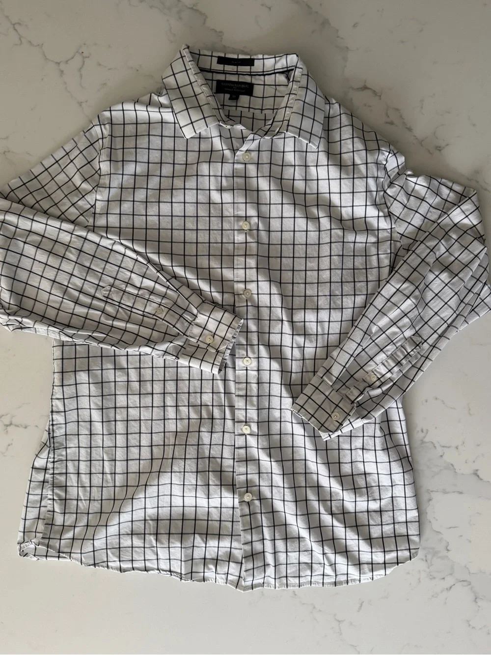 Banana Republic White Button-Down Shirt with Black Windowpane Grid
